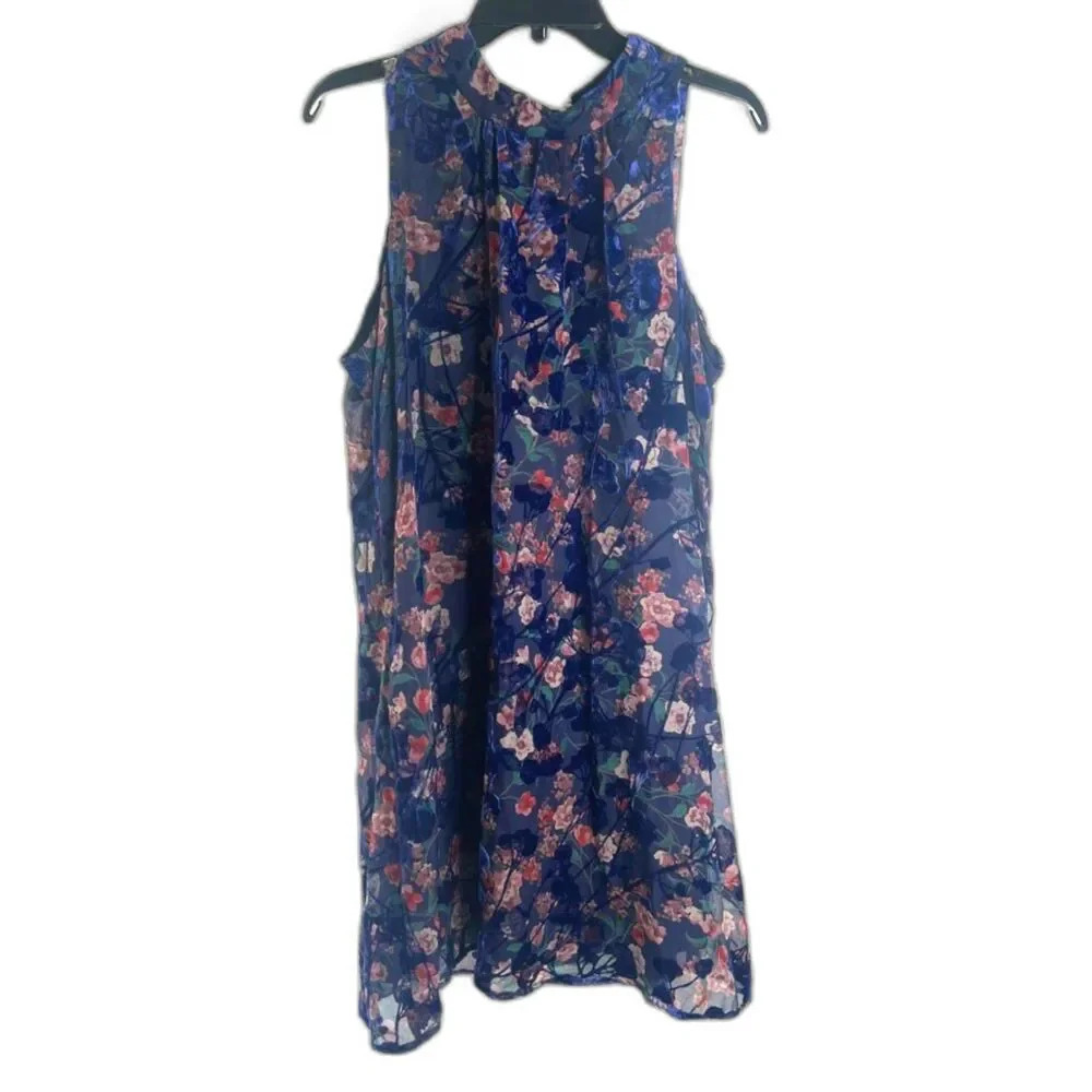 Tommy Hilfiger Velvet Blue Floral Sleeveless Mock Neck‎ Shift Dress Size 14